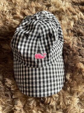 Vineyard Vines Black and White Gingham Hat with Pink Whale Logo